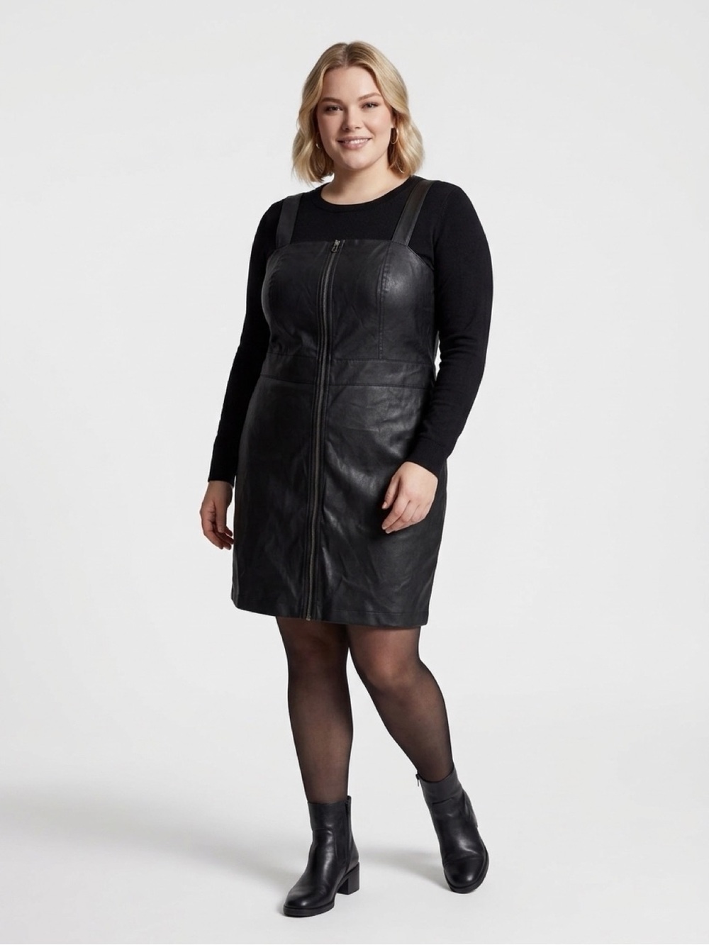 wild fable Black Faux Leather Zip-Front Pinafore Dress